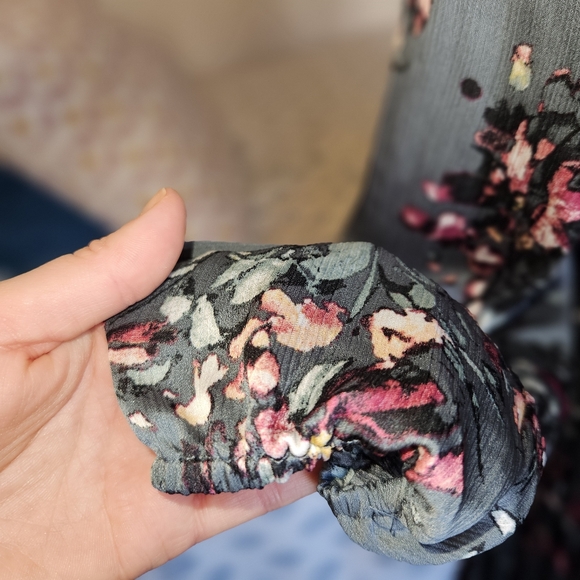 Adrianna Papell Teal Mauve Floral Printed Crinkle Long Sleeve Wrap Dress Size 4 - Picture 10 of 14